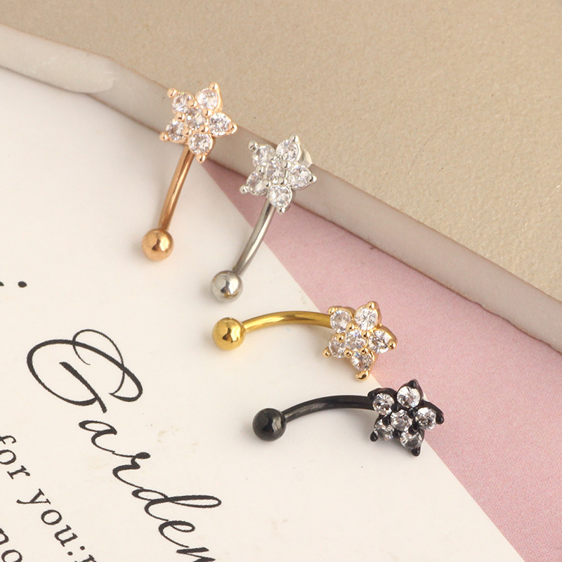 16g Stainless Steel Micro-Paved Zircon Plum Blossom Curved Earring Eyebrow Ring - Image 5