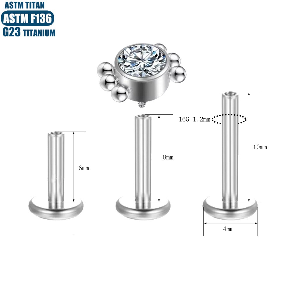 Titanium Alloy Zircon Lip Ring Thread Inner Dental Bead Cluster Puncture Jewelry Ear Bone Ring Lip Stud Earrings - Image 2