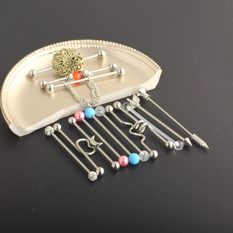 Industrial Barbell Earring Set Stainless Steel Heart Dangle Ear Studs Double Ear Holes Earrings Kit 14 Pieces Vintage Retro Style - Image 5