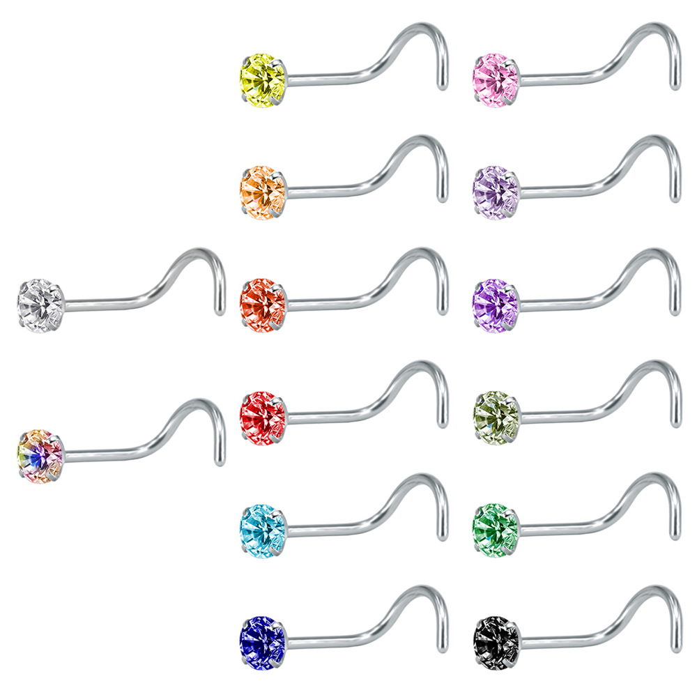 Mixed Color Cubic Zirconia Geometric Nose Stud 316L Surgical Steel Right Angle Nose Ring for Women - Image 2