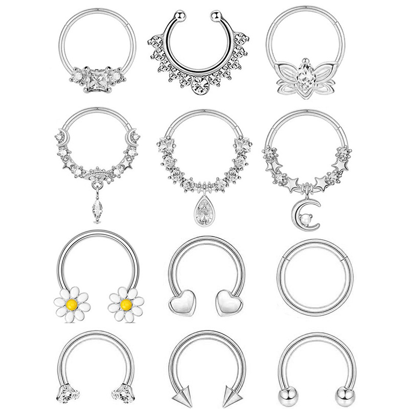 Amazon Hot Sale Nose Ring Set Stainless Steel Micro Inlaid Zircon Chrysanthemum Nose Ring Trend Puncture Nose Nail 12-Piece Set - Image 2