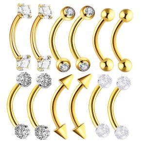 12-Piece Stainless Steel Curved Barbell Set - Pearl Zircon 16G Eyebrow, Lip, and Cartilage Piercing Jewelry