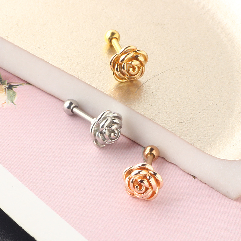 Gem Flower Ball Screw Ear Studs - European American Style Stainless Steel Cartilage Earring - Image 4