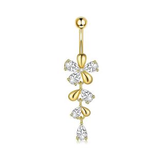 Customized European American Style Stainless Steel + Copper Zircon Flower Water Drop Pendant Belly Button Ring Piercing Jewelry