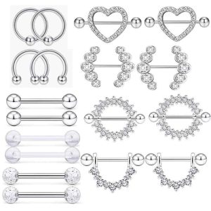 Stainless Steel Zircon Ring 9 Pair Set Heart Shape Nail Tongue Piercing Jewelry