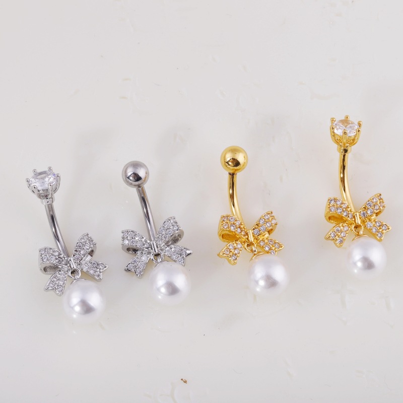 Simple Full Zircon Bow Pearl Belly Button Ring - Gold Ball, Copper Base, Summer 2025 - Image 2