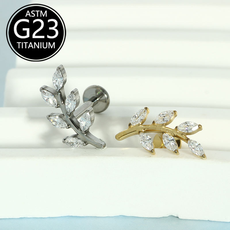 2025 New ASTm F-136 Titanium Alloy Full Diamond Leaf Lip Nail Ear Bone Nail Cross-Border Earrings Piercing Jewelry - Image 5