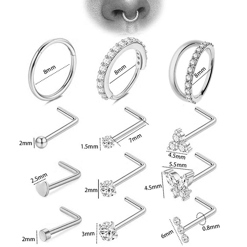Classic 12-Piece Nose Nail Set Curved Barbell Copper Inlaid Zircon 7mm Nose Ring Set for Women Men - Image 5