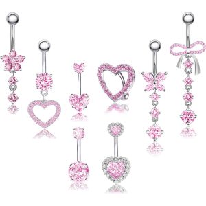 European American Stainless Steel Pink Butterfly Pendant Navel Ring CZ Super Flash Zircon Love Umbilical Piercing Jewelry