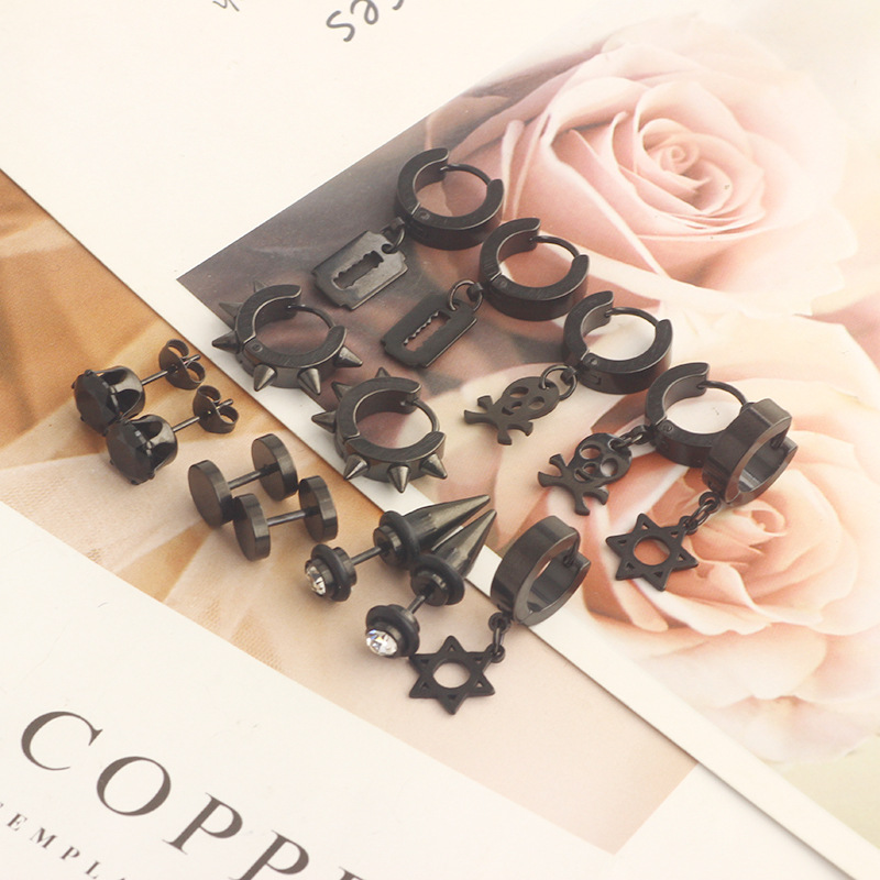 7 Pair Black Silver Zircon Earrings Round Barbell Earrings Men's Personality Cross-border Amazon Set - Image 3