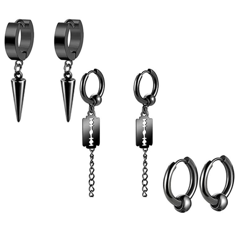 Black Men's Ear Clip Ear Stud Earrings Set 3 Pair Stainless Steel Fashion Jewelry - Image 5