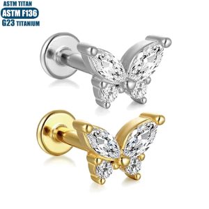 F136 Titanium Perforated Butterfly Lip Ring with Diamond Inner Teeth Thread Body Piercing Jewelry Earrings Pierced Small Earrings