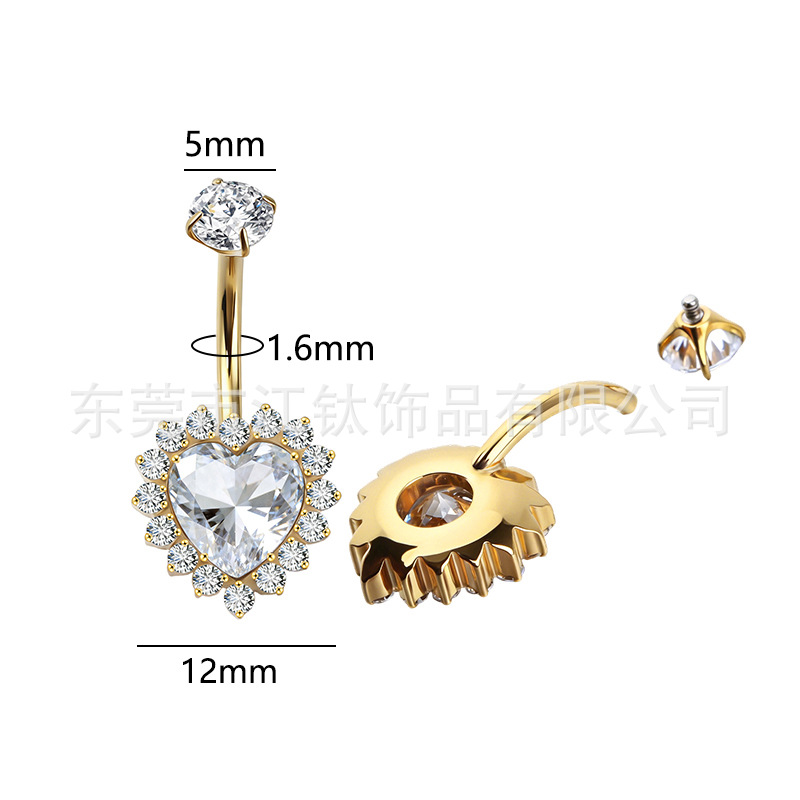 Heart-Shaped Navel Ring G23 Titanium Alloy with 5A Zircon Belly Button Jewelry Gold 1.6x10mm - Image 2