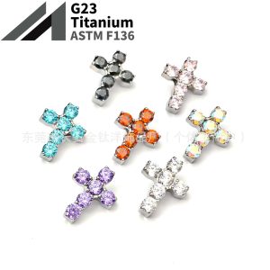 F136 Titanium Full Diamond Cross Inlaid Zircon Lip Stud Ear Stud Ear Bone Stud G23 Titanium Alloy Body Piercing Jewelry