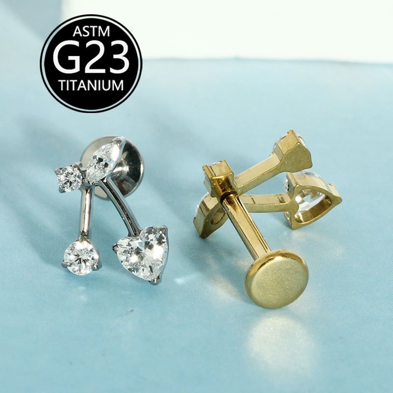 G23 Titanium Alloy Piercing Jewelry Cherry Zircon Pendant 1.2mm Internally Threaded Lip Labret Stud Earrings - Image 2