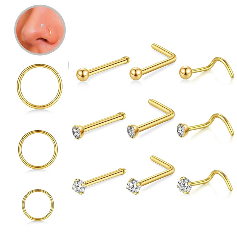 12-Piece Diamond Nose Ring Set Stainless Steel Nose Stud Hoop Combo Piercing Jewelry 18K Gold Plated - Image 4