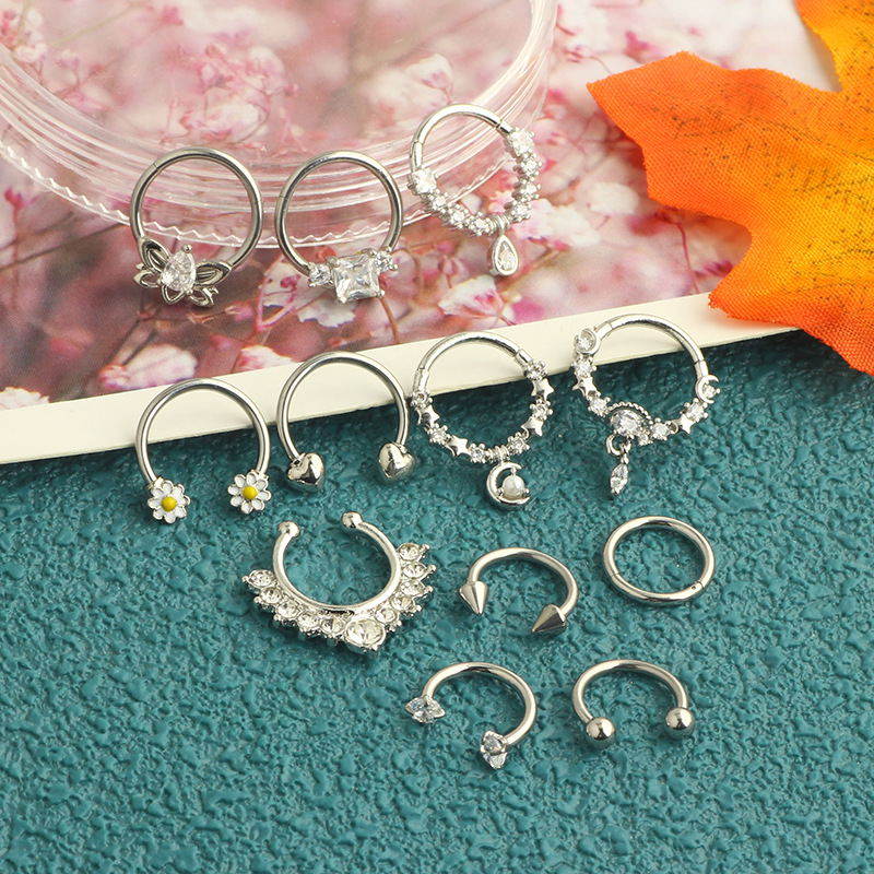 Amazon Hot Sale Nose Ring Set Stainless Steel Micro Inlaid Zircon Chrysanthemum Nose Ring Trend Puncture Nose Nail 12-Piece Set - Image 5