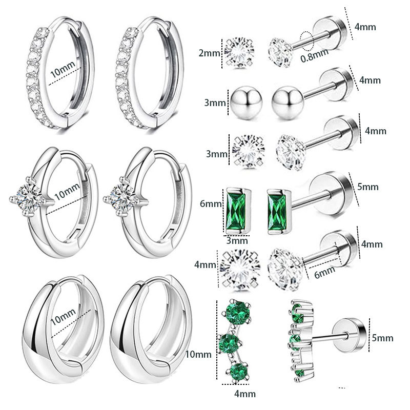 18-Piece Stainless Steel Ear Bone Stud Earrings Set with Zircon CZ, Asymmetric Geometric Design for Women - Image 5