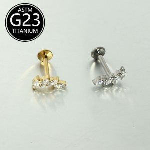 F136 Titanium Micro-Inlaid Zirconia Four-Prong Flat-Bottom Internally Threaded Lip Stud Cartilage Ear Bone Stud Lip Ring