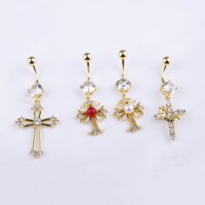 Diamond Crown Cross Belly Button Ring Gold Dangle Body Piercing Jewelry