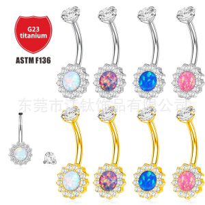 F136 Titanium Navel Ring Sunflower Double Head Inlaid Belly Button Ring G23 Titanium Alloy Body Piercing Jewelry