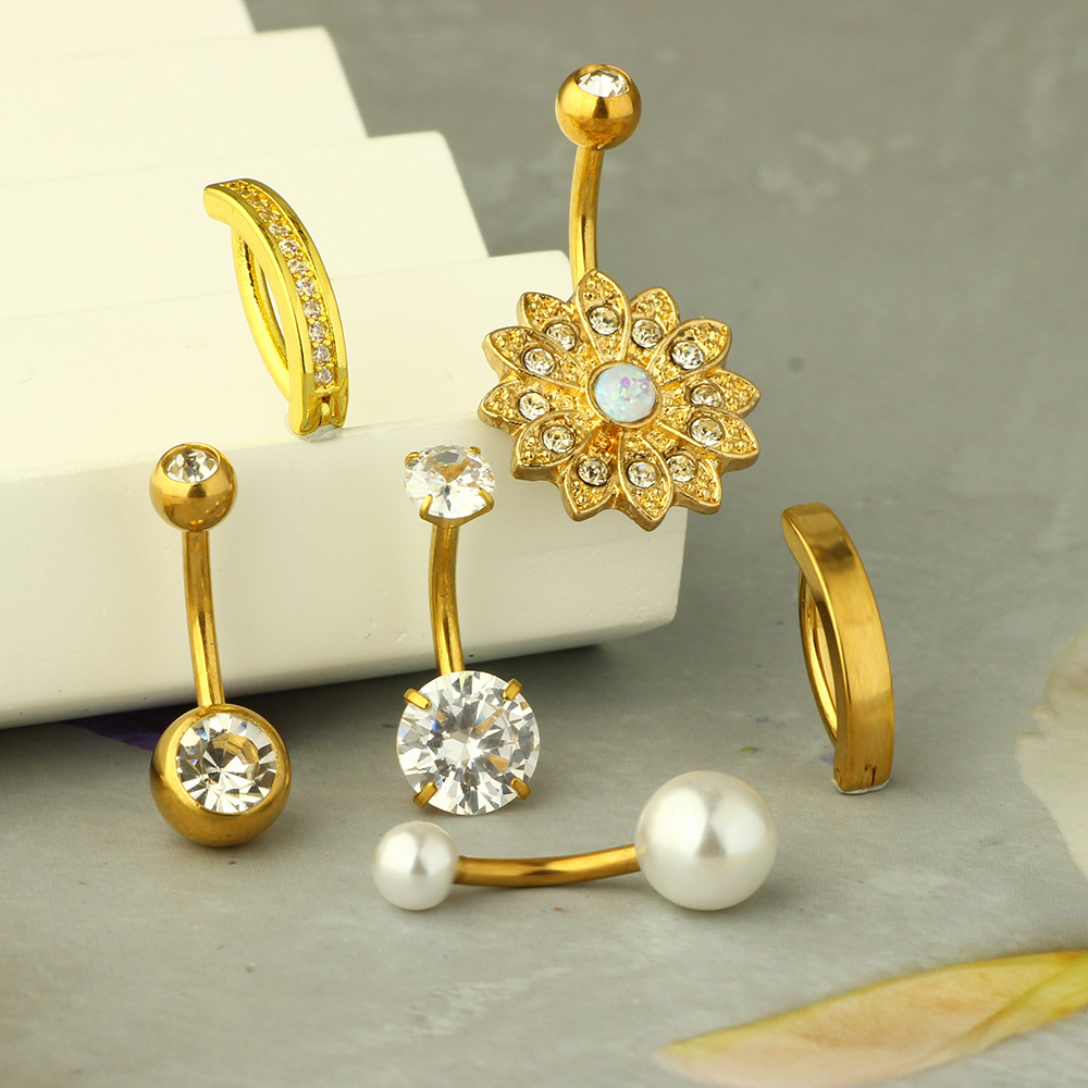 6-Piece Stainless Steel CZ Navel Ring Set with Soft Ceramic Balls and Zircon - Image 4