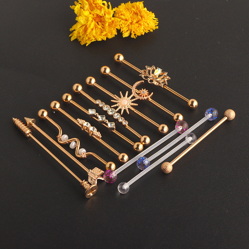 18K Gold Industrial Barbell Ear Studs 14G Double Ear Piercing Ear Bridge Flower Earrings 13Pcs - Image 3