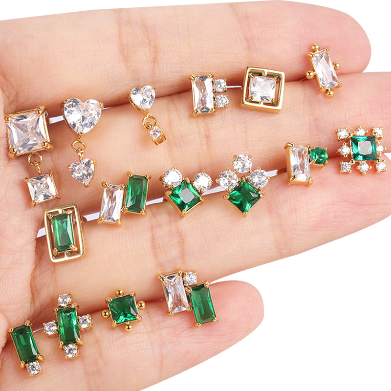 2022 New Emerald Diamond CZ Stainless Steel Earrings Fashion Ear Studs for Women Ear Bone Nail Titanium Steel Ear Pin - Image 3