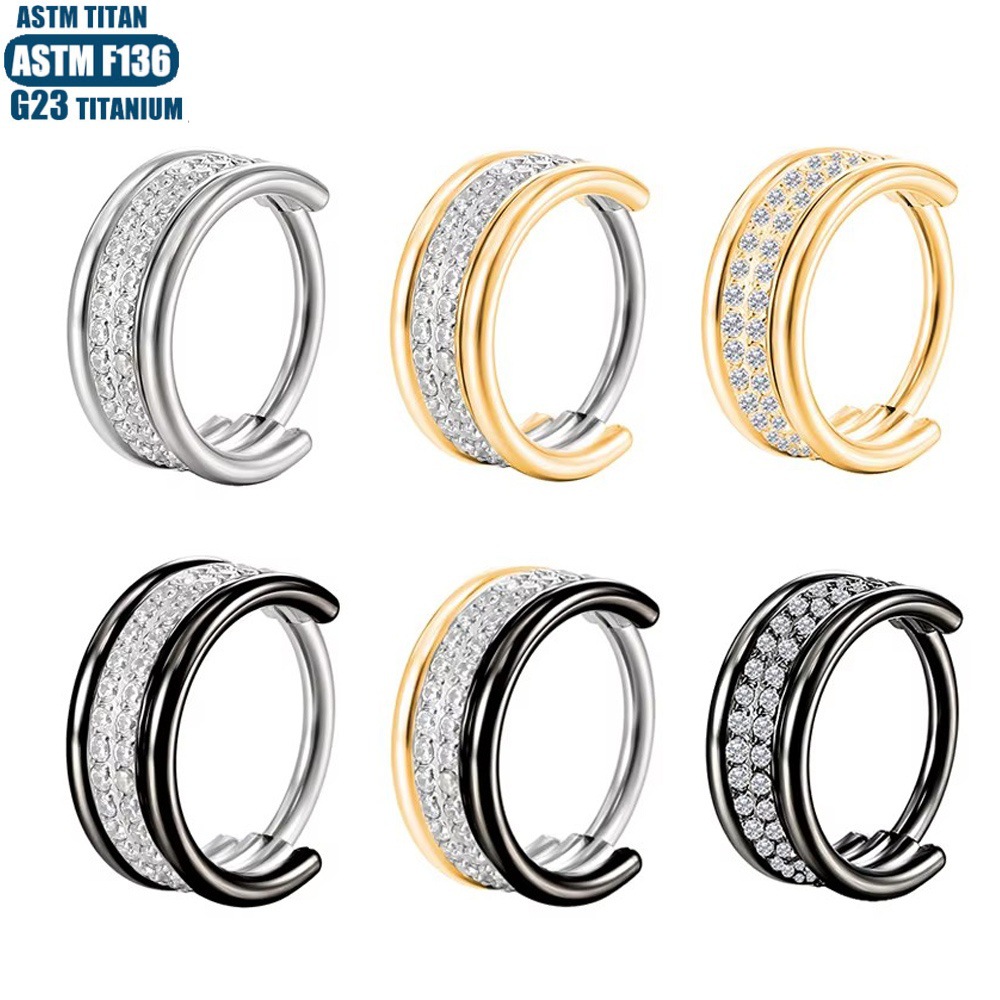 G23 Titanium Double Row Diamond Nose Ring Earring Seamless Hinge Septum Cartilage Jewelry - Image 5
