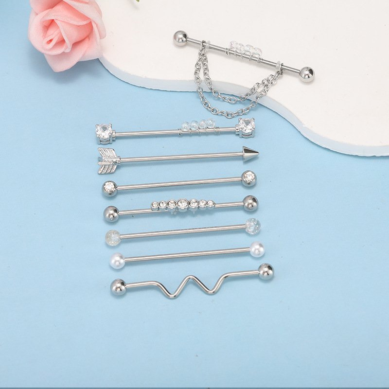Amazon's Best Selling 8-Piece Stainless Steel Industrial Ear Studs Arrow Chain Piercing Jewelry Set - Image 3