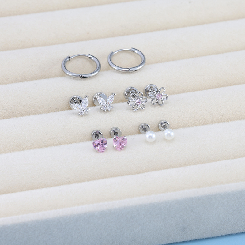 10-Piece Sweet Style Ear Stud Set - Flat Back Heart Butterfly Flower Ear Clips Stainless Steel - Image 3