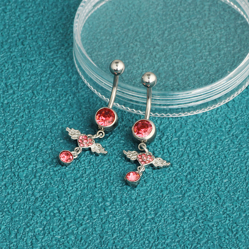 Stainless Steel Inlaid Zircon Angel Wing Navel Ring - Full Diamond Love Belly Button Ring Cross-Border Hot Pink - Image 2