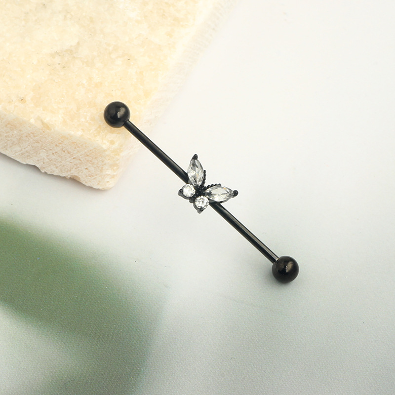14G External Thread Industrial Barbell Butterfly Zircon Ear Bridge Double Ear Piercing Stud Earrings - Image 3