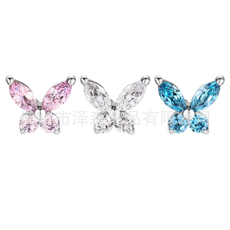 F136 Titanium Alloy Butterfly Lip Earrings with Zircon - Internal Thread Body Piercing Jewelry Lip Stud Ear Bone Nails - Image 4
