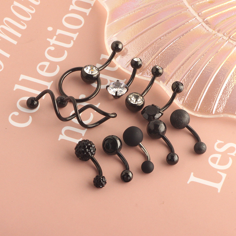New Cross-Border Amazon Hot Selling Stainless Steel Zircon Silver Navel Ring Piercing Black Set - Image 5