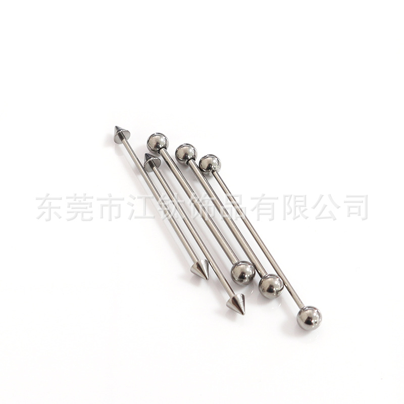 F136 Titanium Double Pointed Cone Round Ball Straight Barbell Tongue Nail Body Piercing Jewelry - G23 Titanium Alloy - Image 3