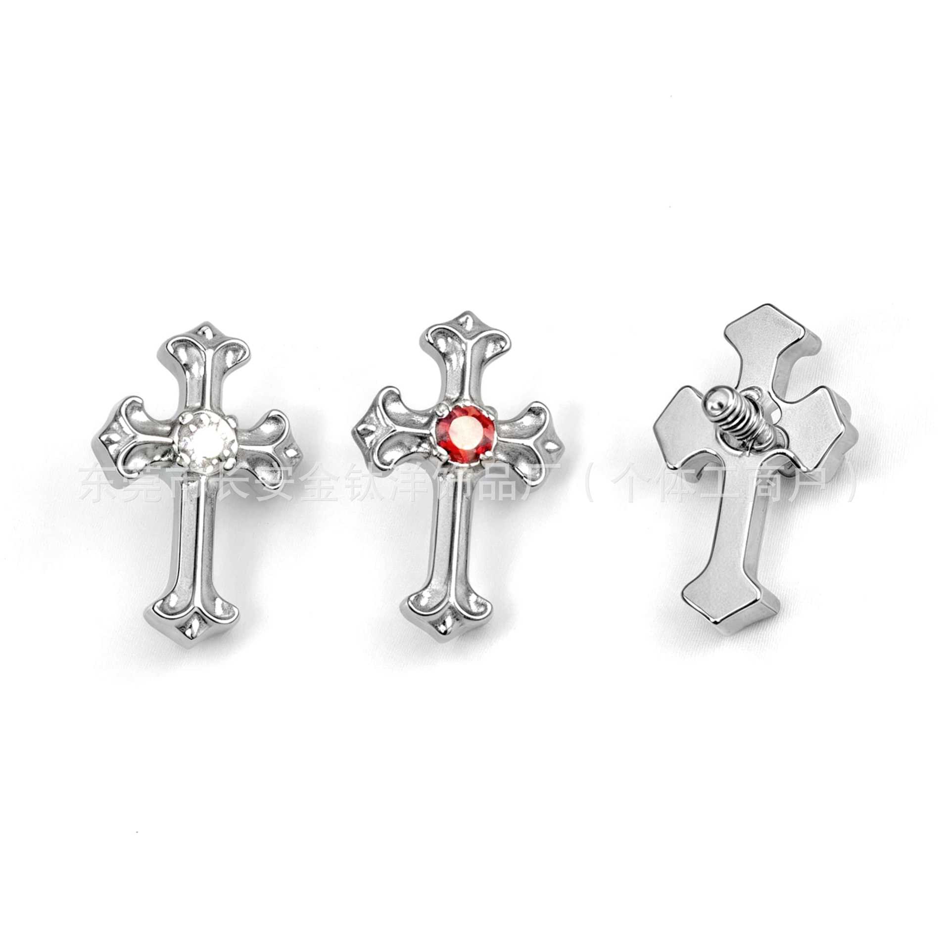 F136 Titanium Vintage Cross Zircon Stud Earrings Lip Studs Cochlear Studs Piercing Jewelry - Image 3