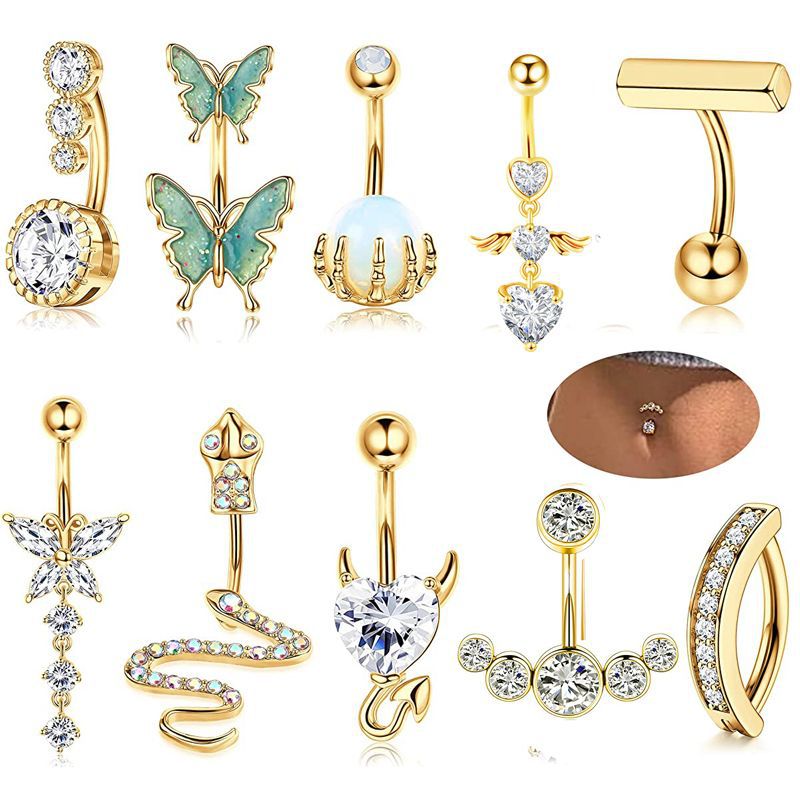 Amazon New Inlaid Zircon Love Belly Button Ring Butterfly Inverted Belly Button Nail Snake Belly Button Ring Piercing Jewelry 10 Pieces - Image 2
