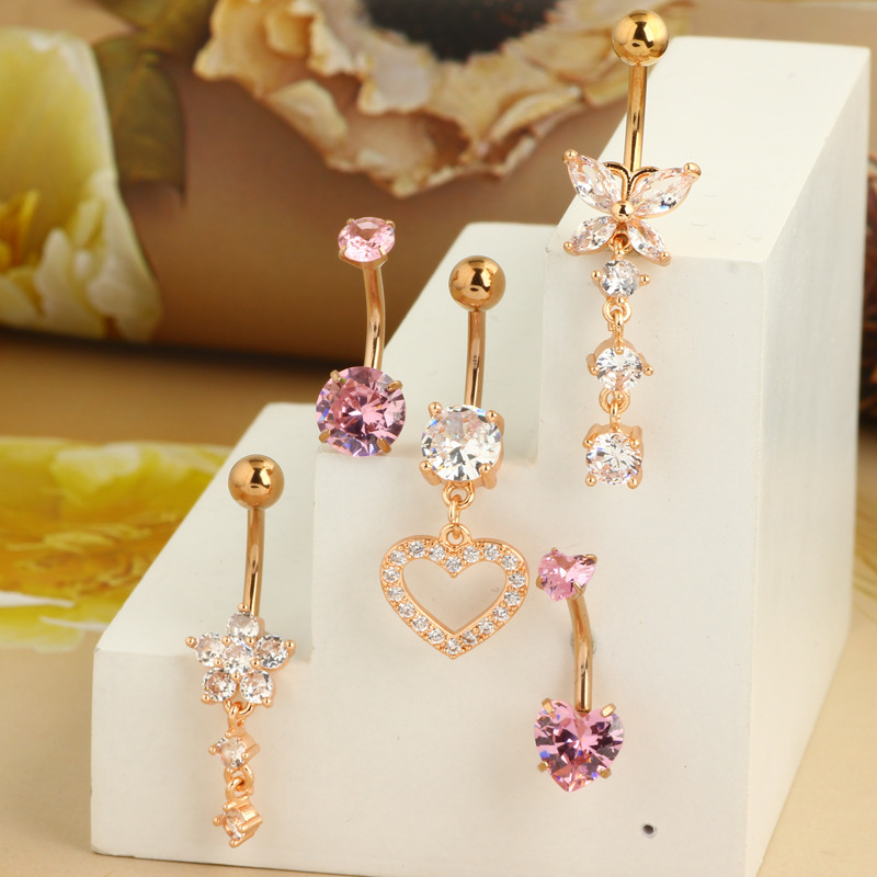 Amazon Hot Pink 5-Piece Set Stainless Steel Zircon Belly Button Ring Nail Rose Gold Love Combination - Image 2