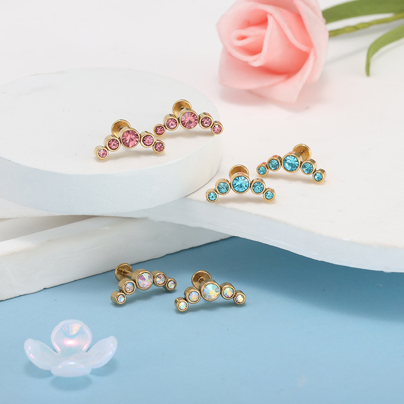 16G Stainless Steel Internally Threaded Cartilage Ear Stud, Multi-Color Diamond-Encrusted Flat-Bottom Lip Stud, 1 Piece - Image 4