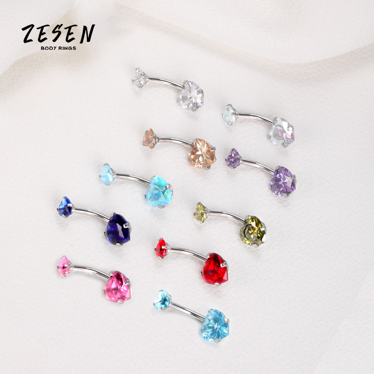 Heart-Shaped CZ Belly Button Ring Stainless Steel Double Head Dangle Navel Piercing Jewelry - Image 3
