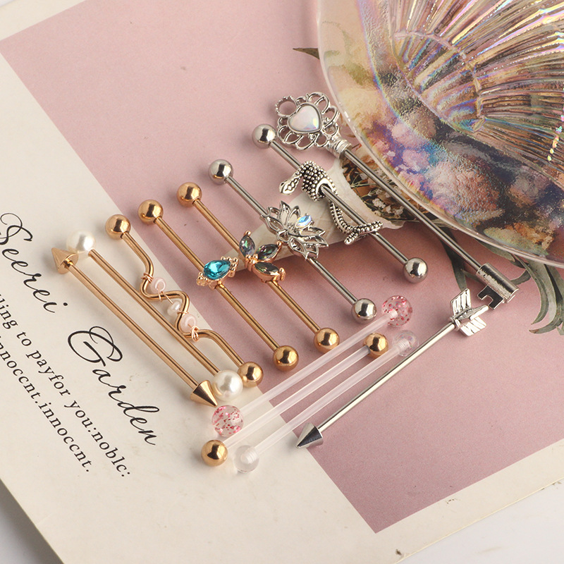 Industrial Barbell Cross Bar Ear Bone Nail Piercing Jewelry Stainless Steel 18K Gold Plated Retro Flower Style - Image 4