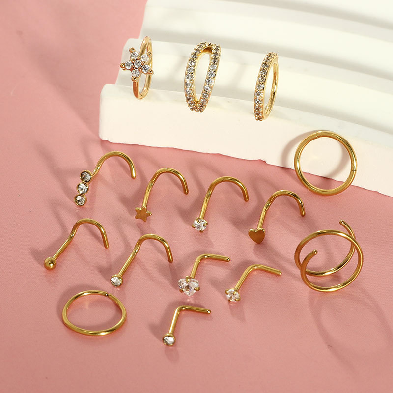 New 15-Piece Set of Stainless Steel Nose Rings with Copper Inlaid Zircon Geometric Open Nose Rings and Nose Studs Piercing Jewelry, Gold Set - Image 2