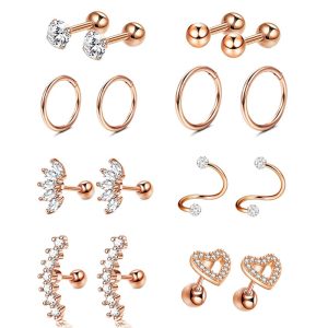 Amazon Stainless Steel Zircon Earrings Women's Cartilage Stud Ear Bone Nail Set Rose Gold