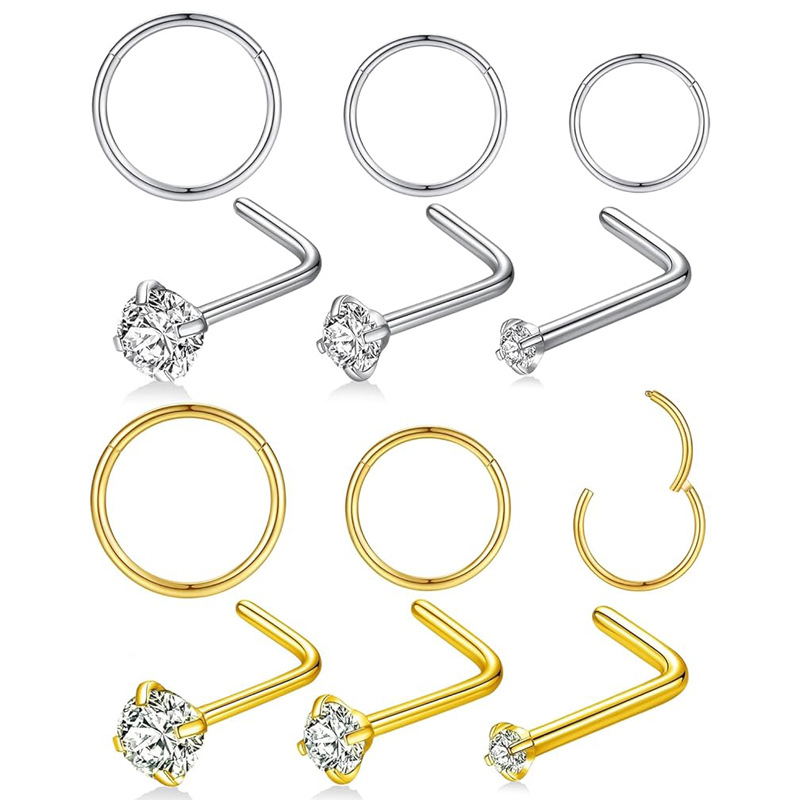 12-Piece Diamond Nose Ring Set Stainless Steel Nose Stud Hoop Combo Piercing Jewelry 18K Gold Plated - Image 3