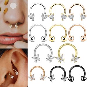 Butterfly Zircon Stainless Steel C-Ring Nose Ring Septum Hoop Piercing Jewelry 18K Plated