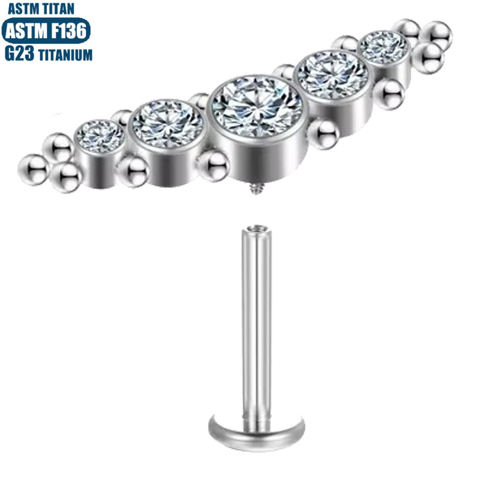 5 Zircon Bead Cluster Lip Ring 1.2x10mm Titanium Alloy Piercing Jewelry Ear Nail Lip Stud - Image 4