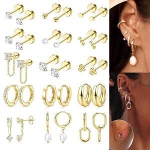 30-Piece Set Stainless Steel Zircon-Encrusted Earrings and Hoops Piercing Jewelry Wholesale