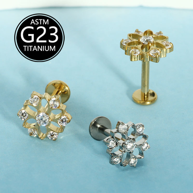 G23 Titanium Earrings Cut Out Flower Inlaid Zircon Ear Bone Nails Body Piercing Jewelry - Image 4