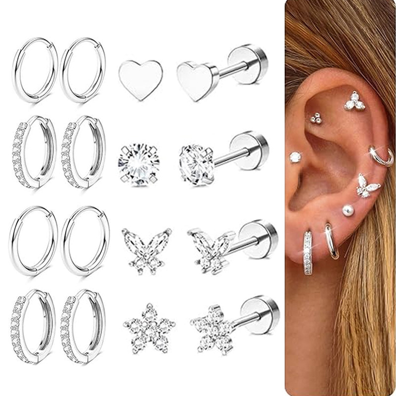 16-Piece Stainless Steel Zircon Ear Bone Nails Set - Simple Geometric Flower Earrings for Men and Women - Image 5